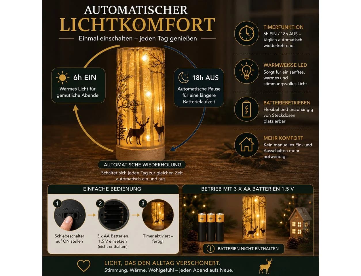 formano LED Dekolicht Hirschdeko Leuchtglas mit Holzsockel Timer - Bild 5