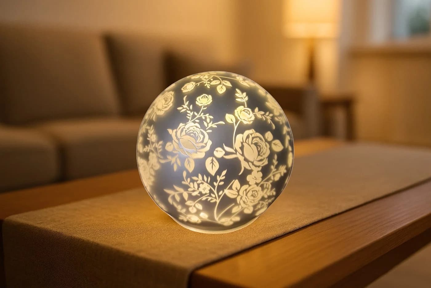 formano LED Glas-Kugel Silber Rosenmotiv 10cm mit Timer