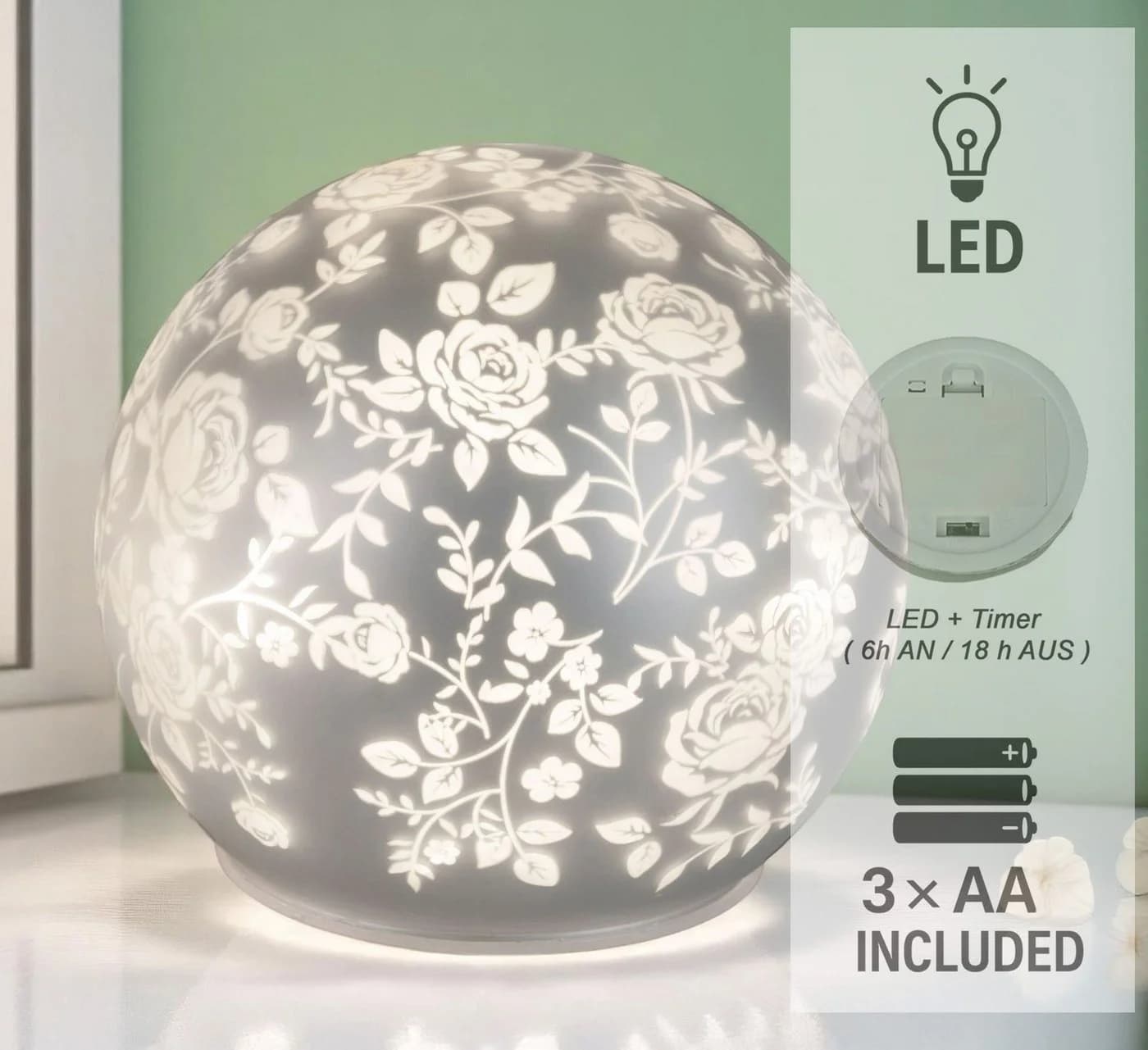 formano LED Glas-Kugel Silber Rosenmotiv 10cm mit Timer - Bild 3