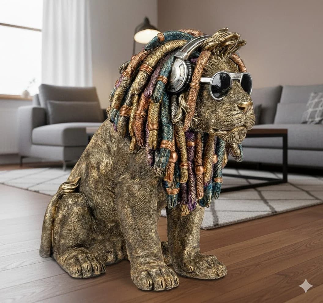 formano Dekofigur Löwe 36cm handbemalt mit Dreadlocks & Kopfhörern