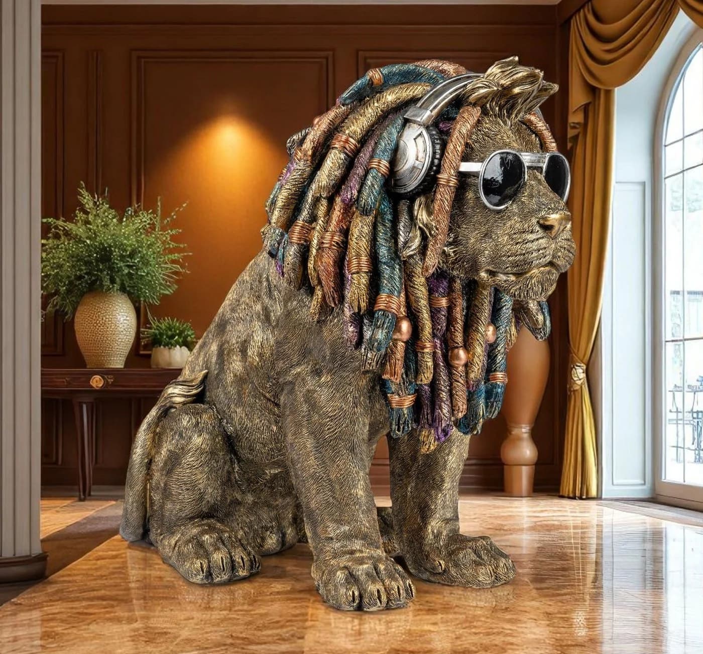 formano Dekofigur Löwe 36cm handbemalt mit Dreadlocks & Kopfhörern - Bild 3