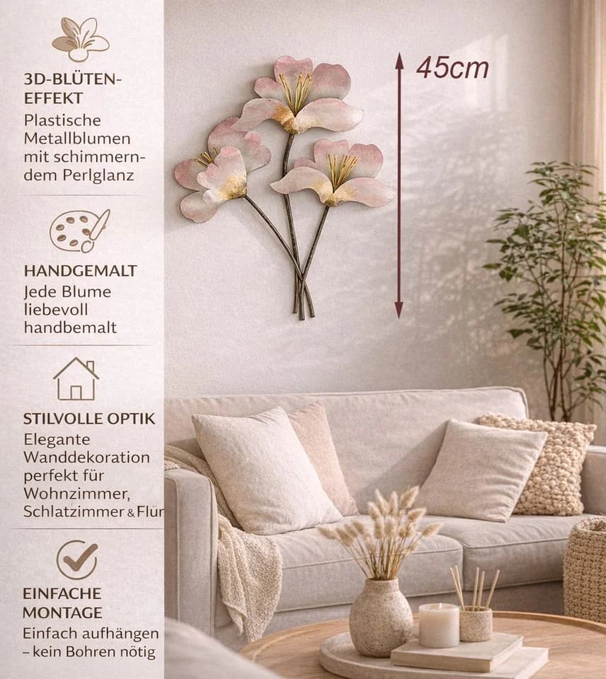 formano Dekobaum Wand-Zweig 3D Blume 45cm Bunt Metall - Bild 3