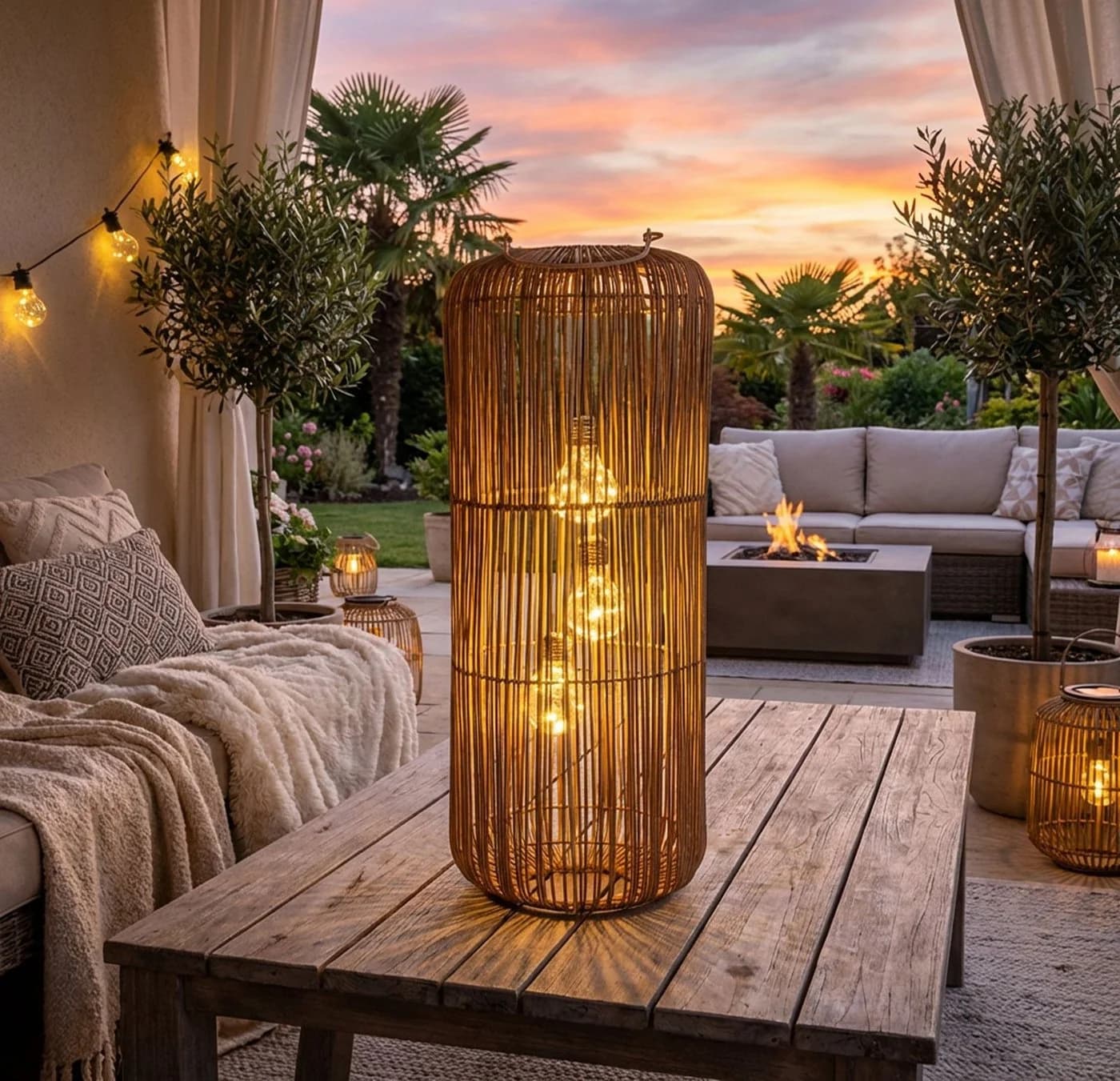 formano Solarlaterne Garten Rattan-Look 3 LED Birnen 60cm
