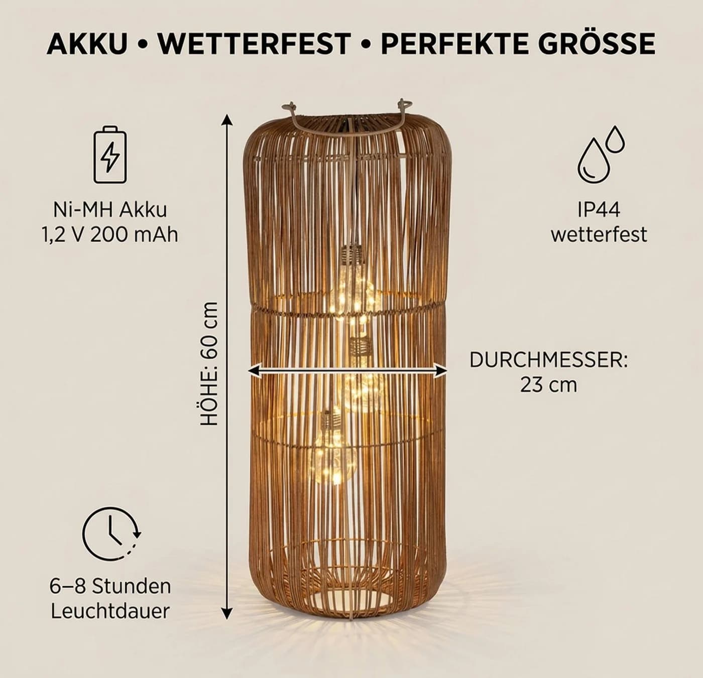 formano Solarlaterne Garten Rattan-Look 3 LED Birnen 60cm - Bild 4