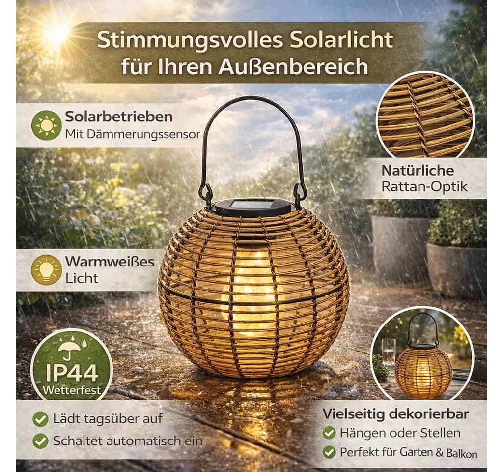 Formano Solarlaterne LED Garten Metall Rattan-Optik warmweiß IP44 - Bild 3