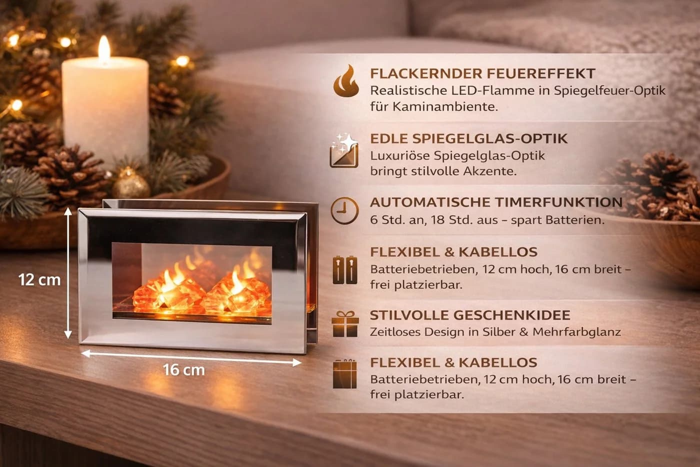 formano LED Dekolicht Spiegelfeuer 16cm Stimmungslicht Glas Timer 6h/18h - Bild 3