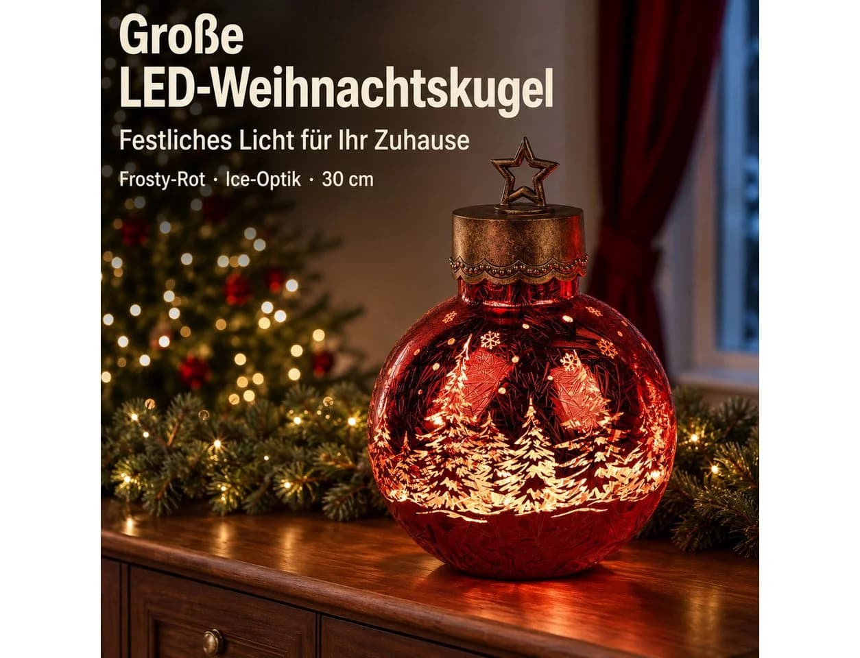 formano LED Dekolicht XXL Glas-Kugel Frosty Rot 30 cm Timer 6h/18h