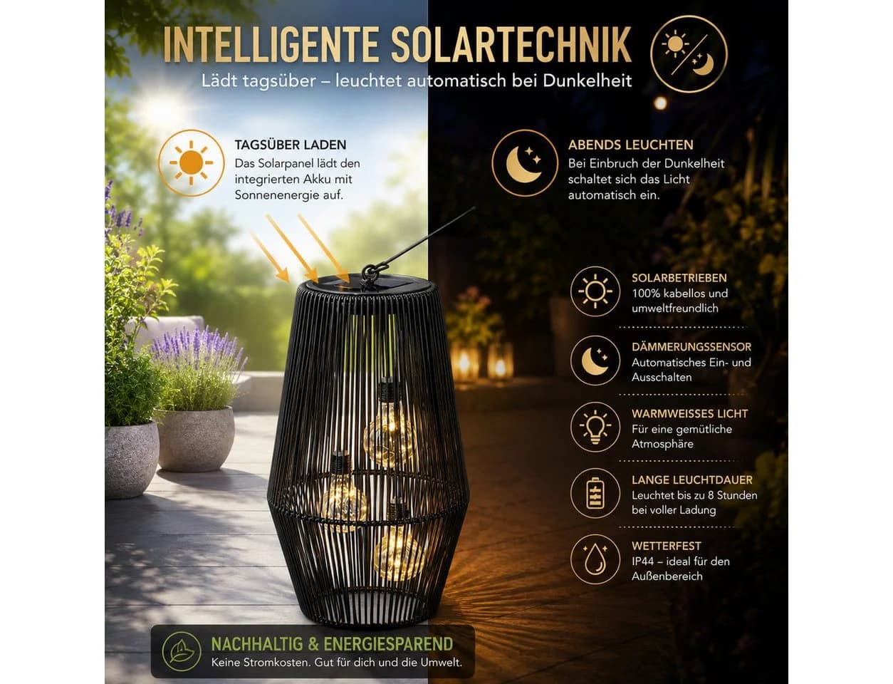 formano Solarlaterne Rattanoptik Schwarz mit LED - Bild 3