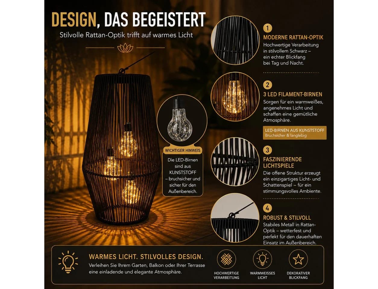 formano Solarlaterne Rattanoptik Schwarz mit LED - Bild 5
