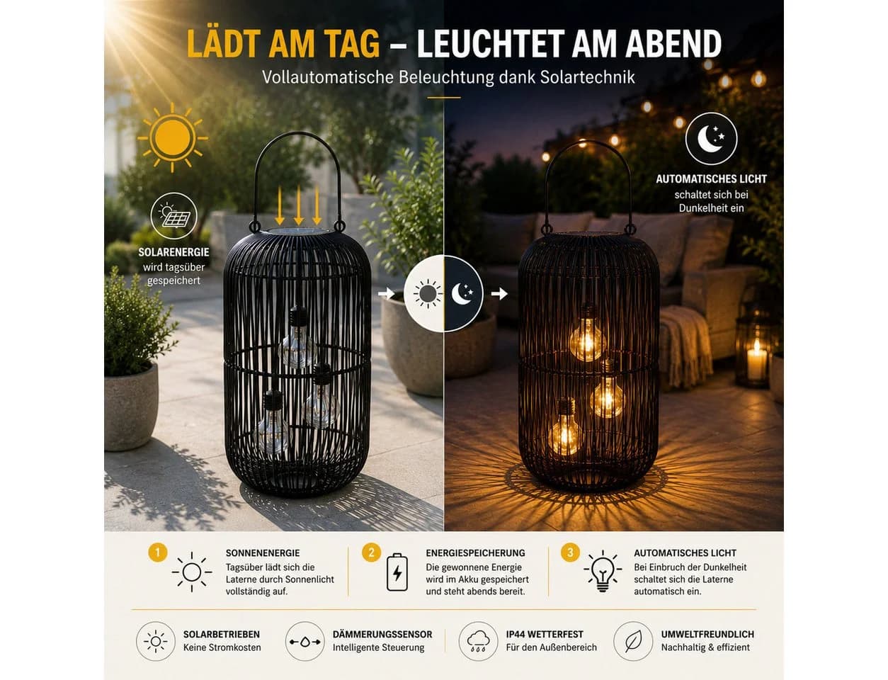 formano Solarlaterne Rattan Look Schwarz LED 45 cm - Bild 4
