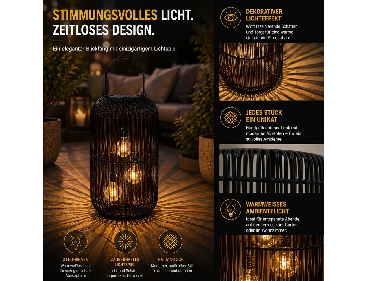 formano Solarlaterne Rattan Look Schwarz LED 45 cm - Bild 5