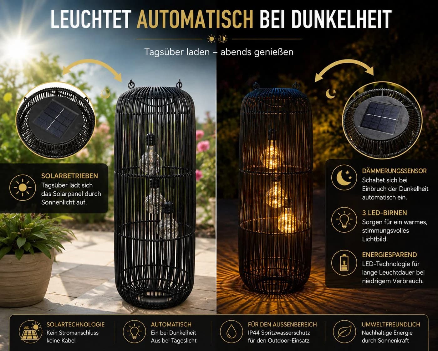 formano Solarlaterne Außen Garten Rattan Look Laterne 60 cm schwarz - Bild 3