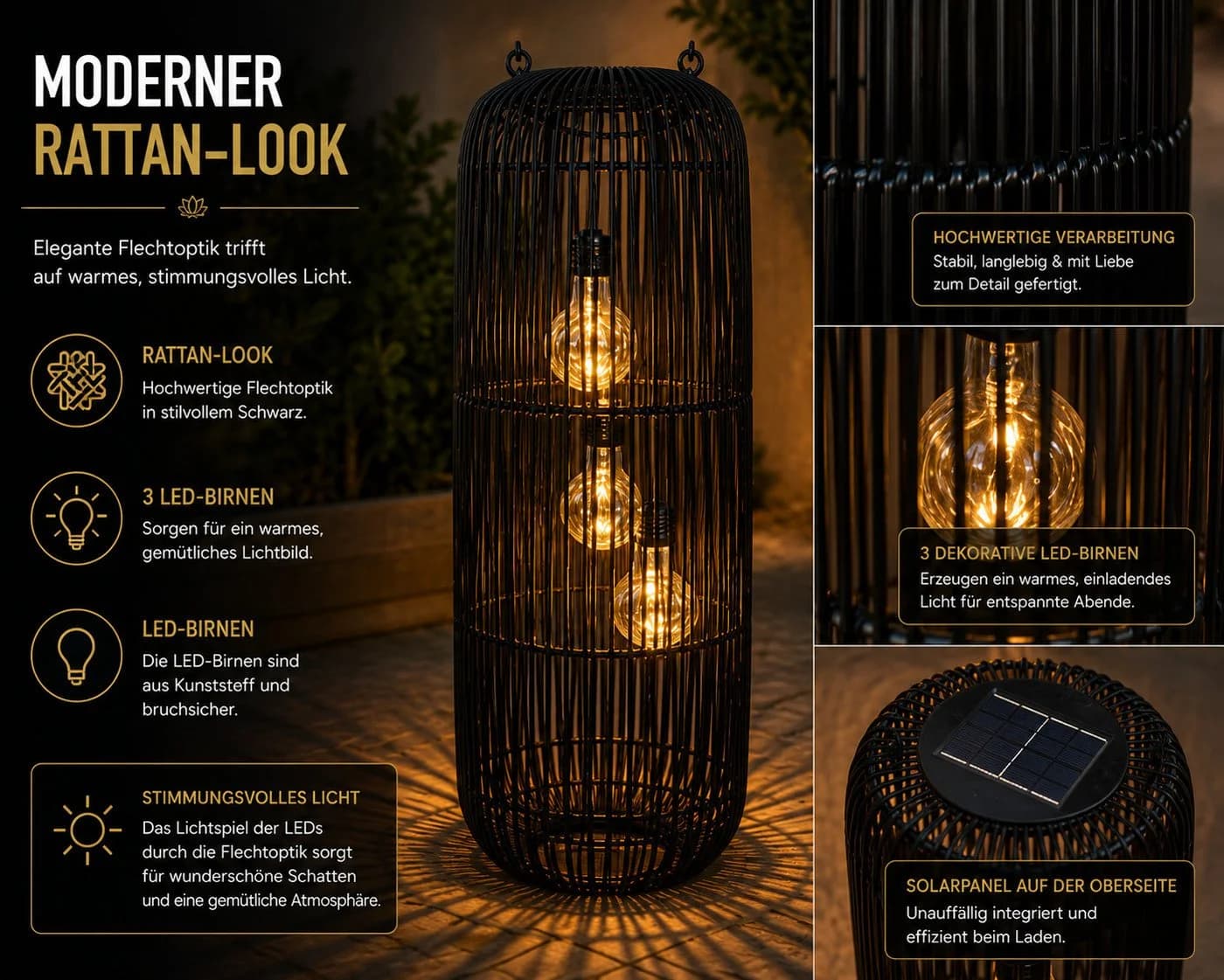 formano Solarlaterne Außen Garten Rattan Look Laterne 60 cm schwarz - Bild 5