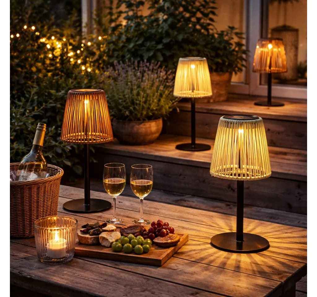 formano Außen-Tischleuchte 3er Set Solar LED Rattan Optik Grau Braun Creme - Bild 3