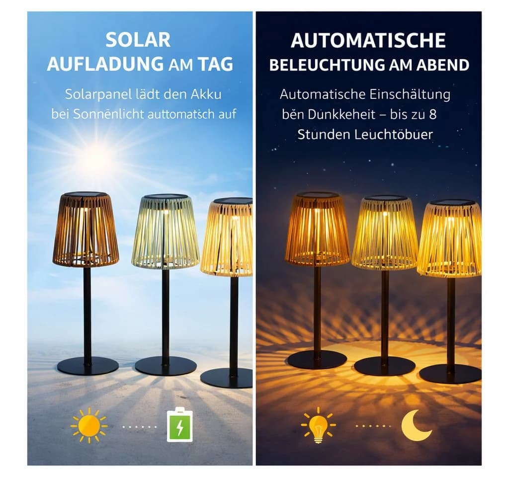 formano Außen-Tischleuchte 3er Set Solar LED Rattan Optik Grau Braun Creme - Bild 4