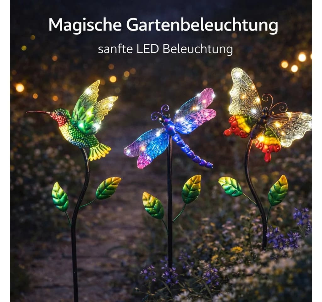 formano 3er Set Solar-Gartenstecker LED Vogel Libelle Schmetterling