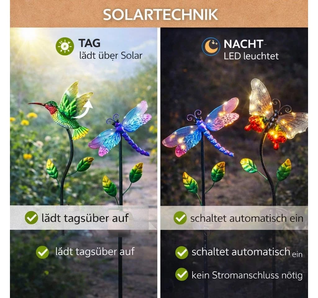 formano 3er Set Solar-Gartenstecker LED Vogel Libelle Schmetterling - Bild 3