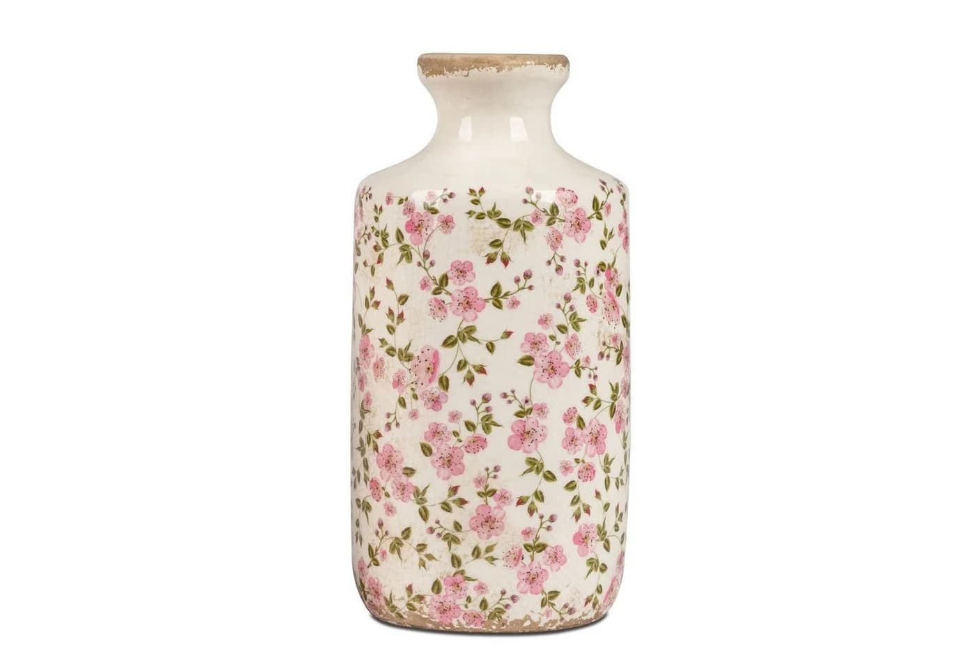 formano Dekovase Vintage Blüten Weiß Rosa Grün Keramik