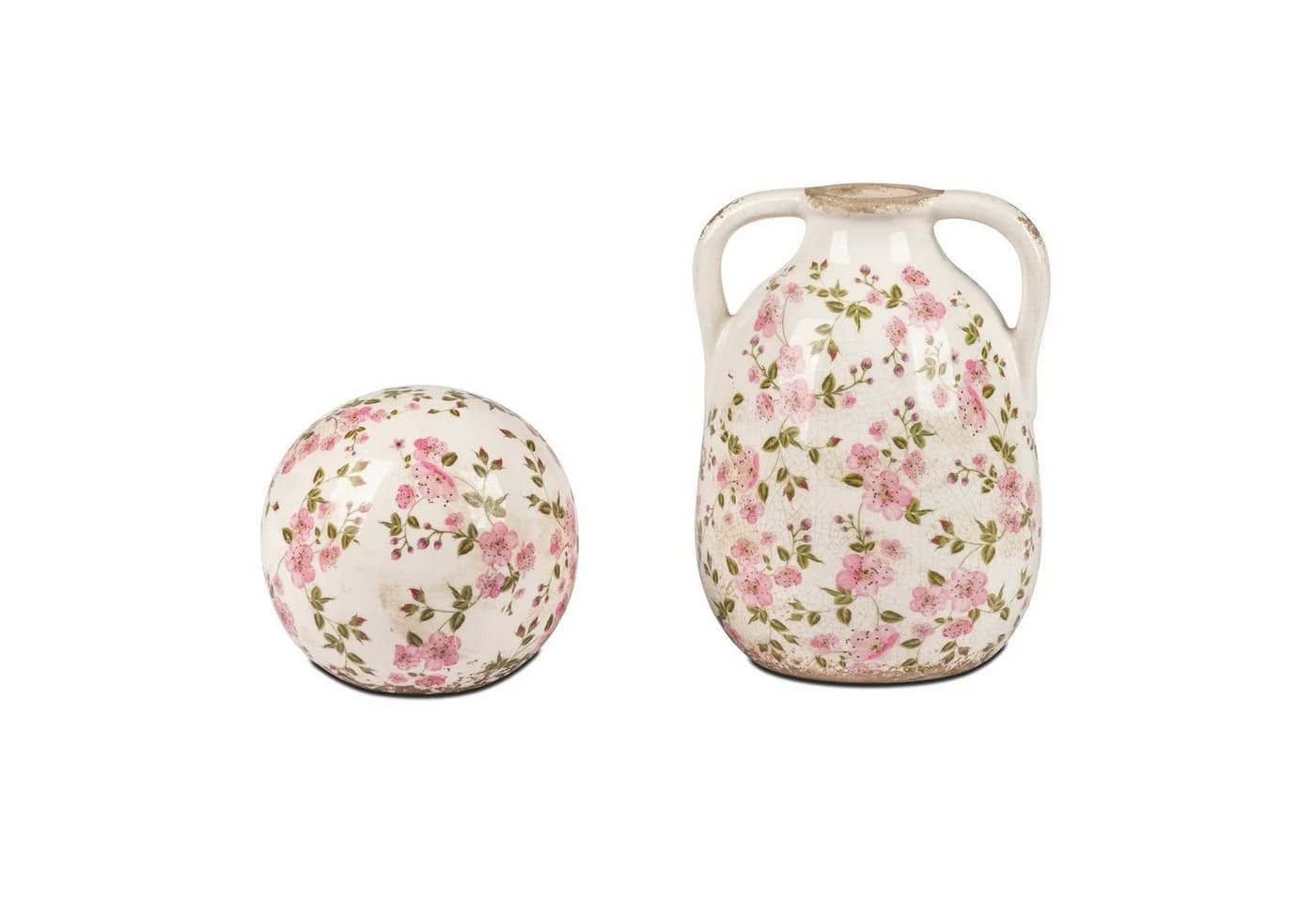 formano Vintage Dekokugel Keramik Weiß/Rosa Blüten-Dekor