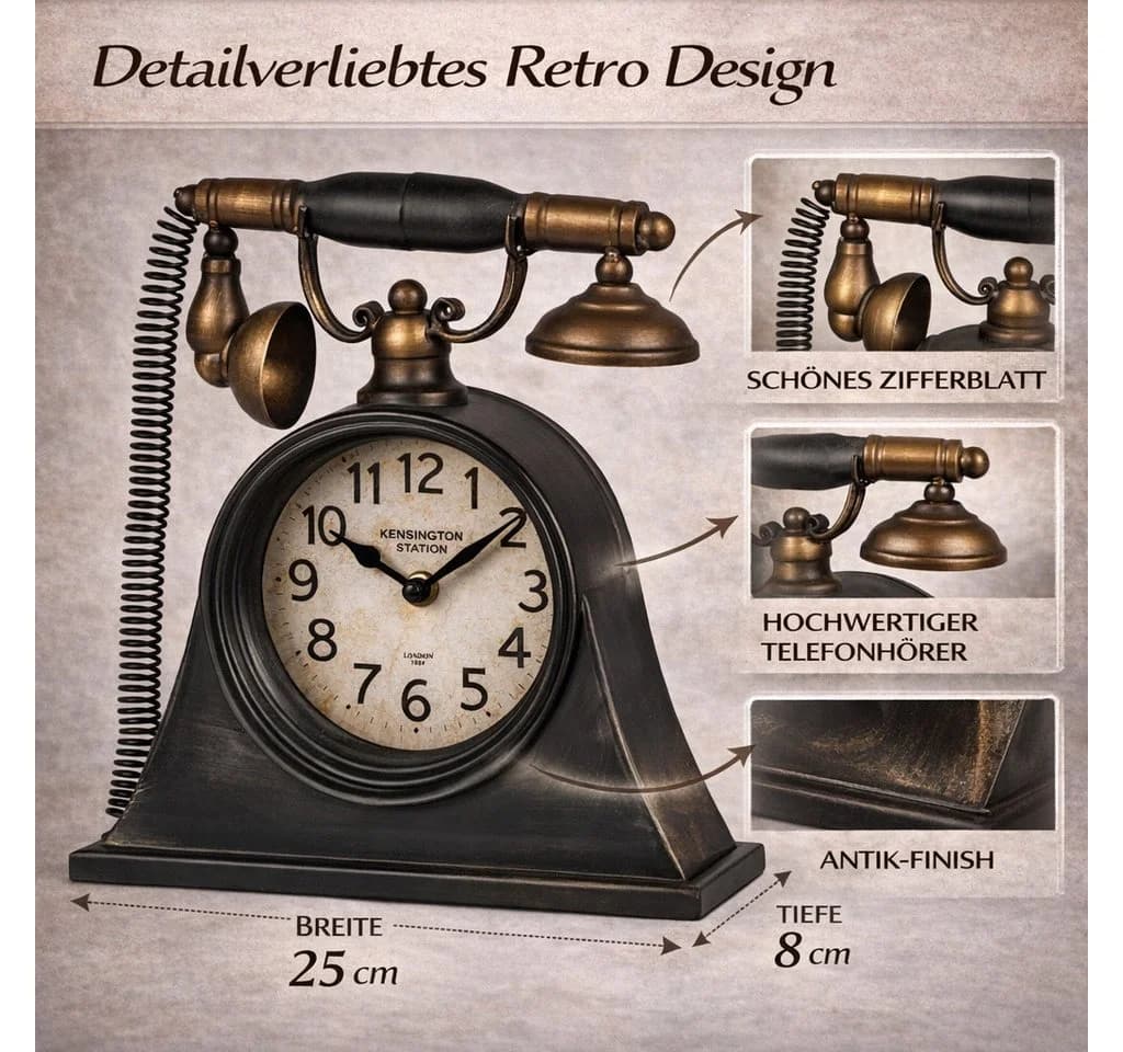 formano Vintage Telefon Uhr Metall Retro Design 27cm Quarz