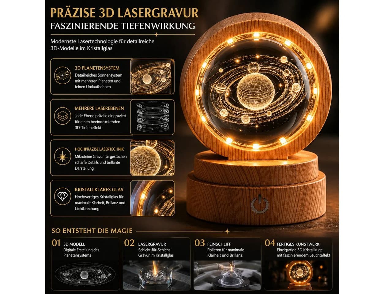 formano LED Dekolicht Kristallkugel 3D-Planetensystem warmweiß