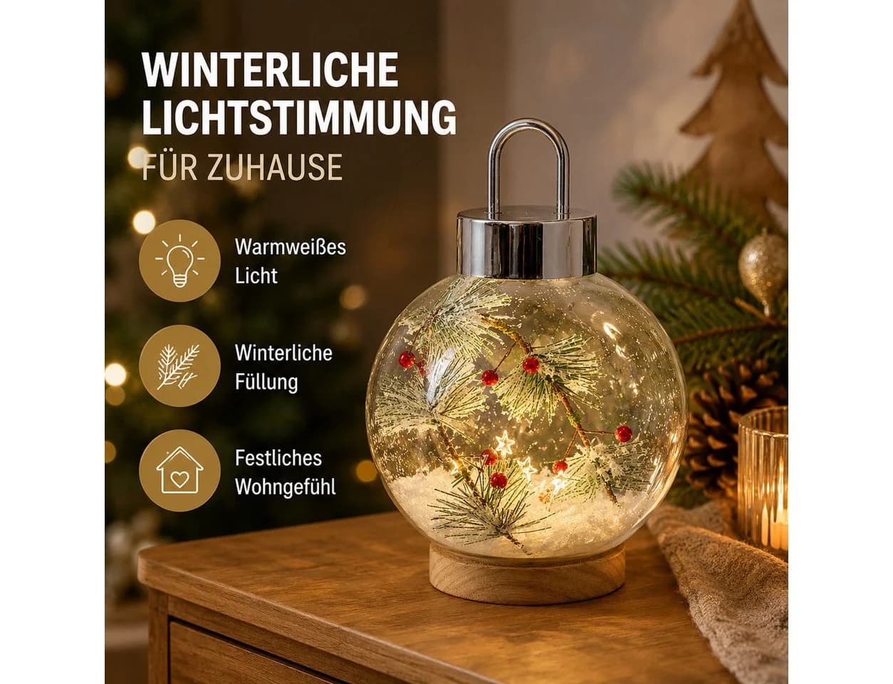 formano LED Dekolicht Glaskugel mit Timer und Holzsockel