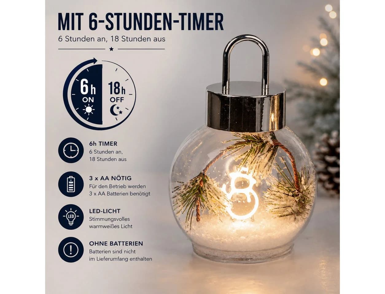 formano LED Deko Kugel 17 cm Glas mit Tanne Schnee Timer