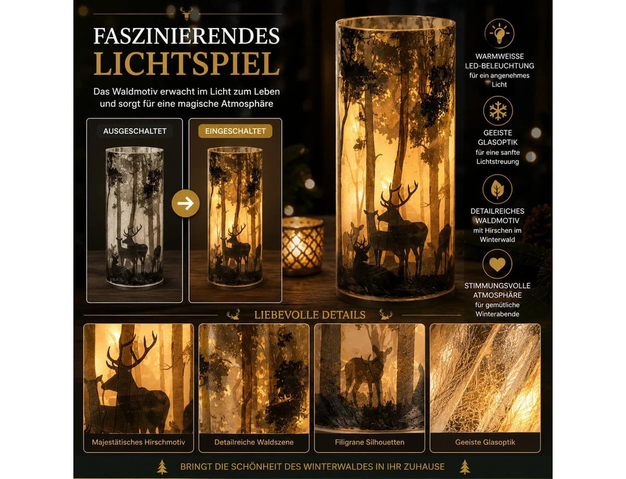 formano LED Dekolicht Leuchtglas Hirschmotiv mattes Glas - Bild 3