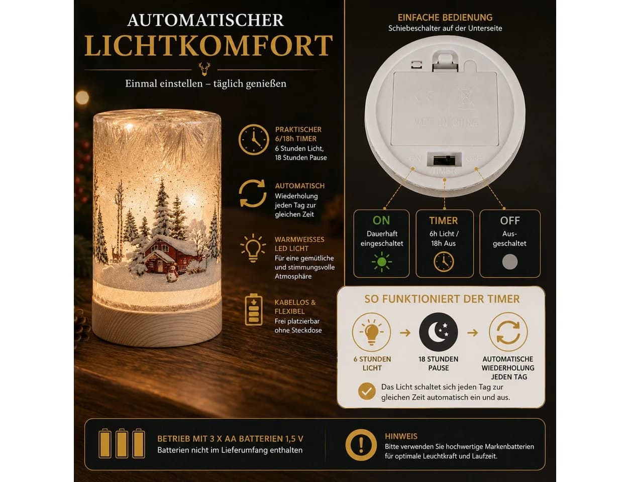 formano LED Dekolicht Winterlandschaft Leuchtglas Holzsockel 15cm Timer - Bild 5