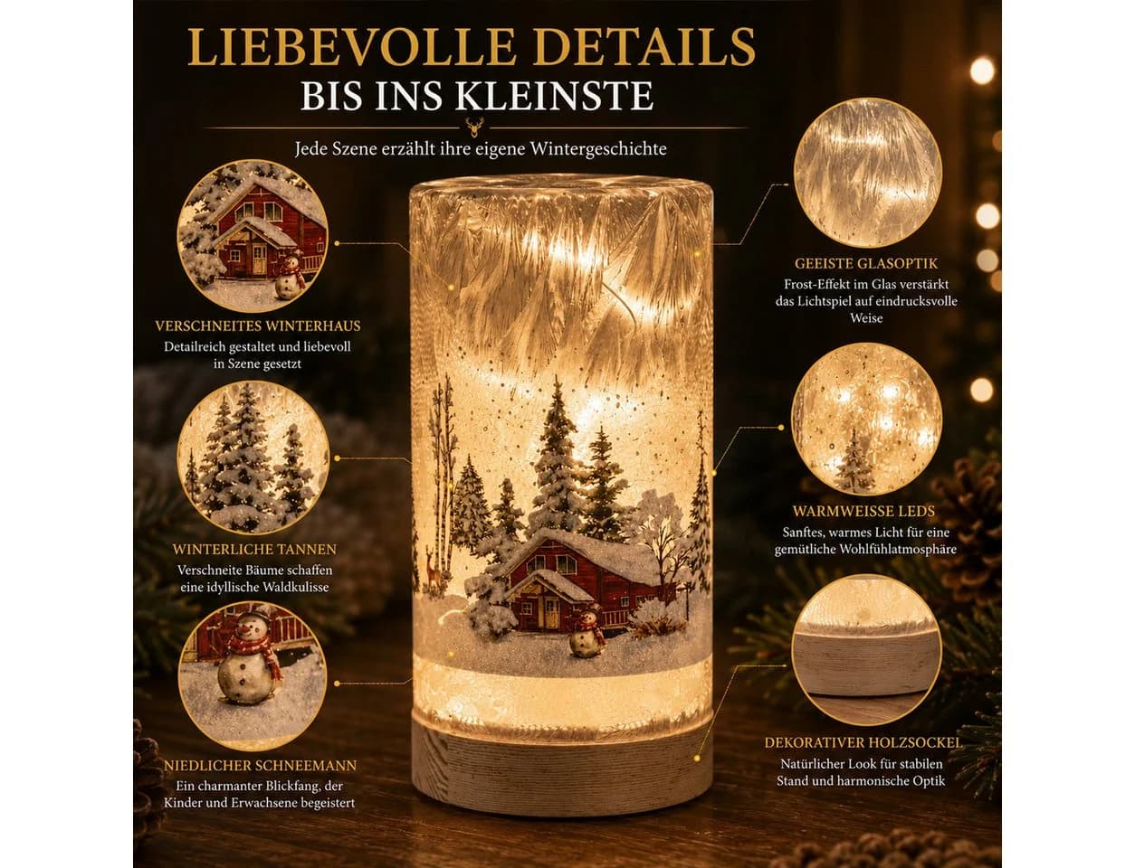 formano LED Deko Licht Winterlandschaft Leuchtglas mit Holzsockel - Bild 3