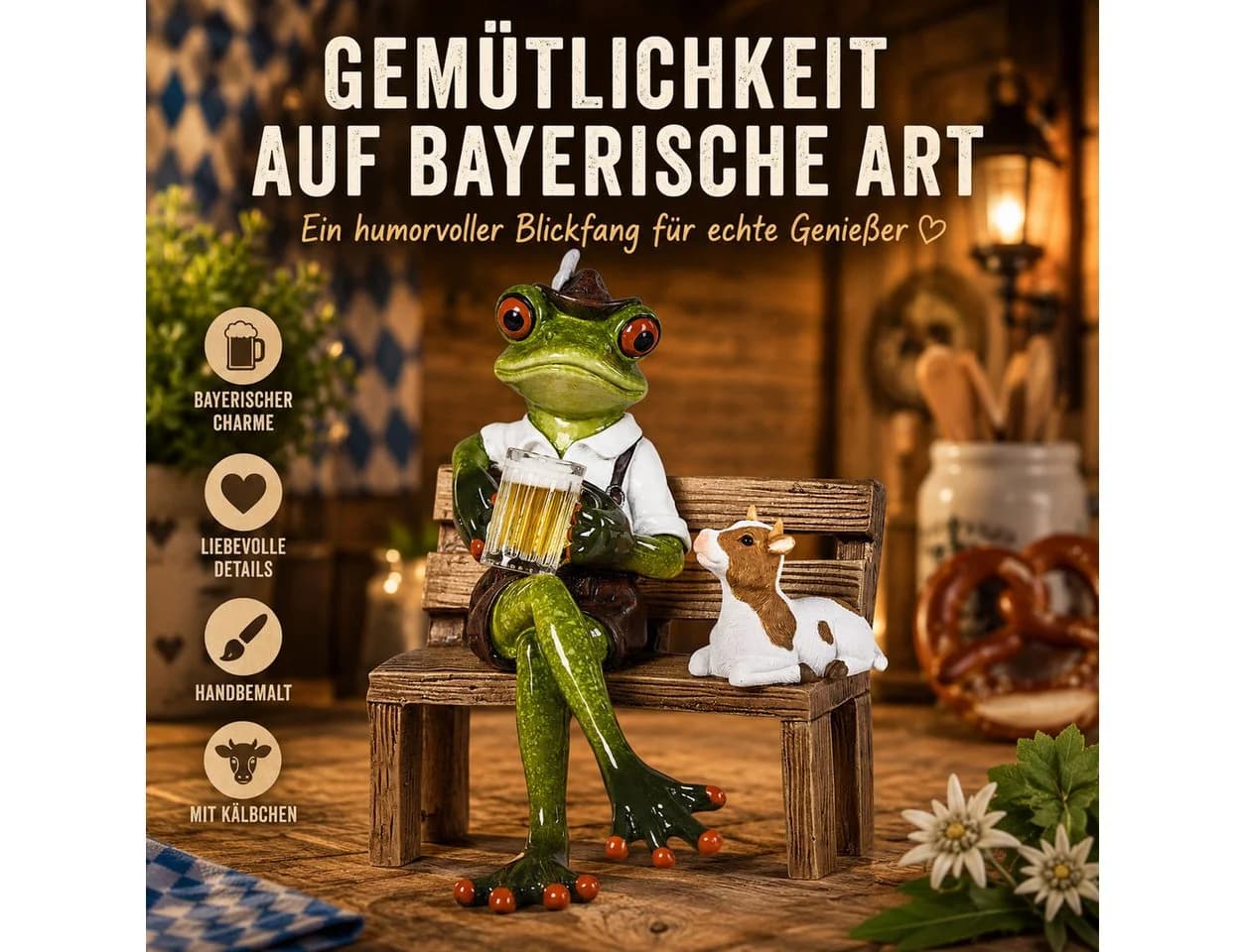 formano Handbemalte Frosch-Dekofigur mit Bierkrug auf Bank, 14 cm, Bayern-Motiv