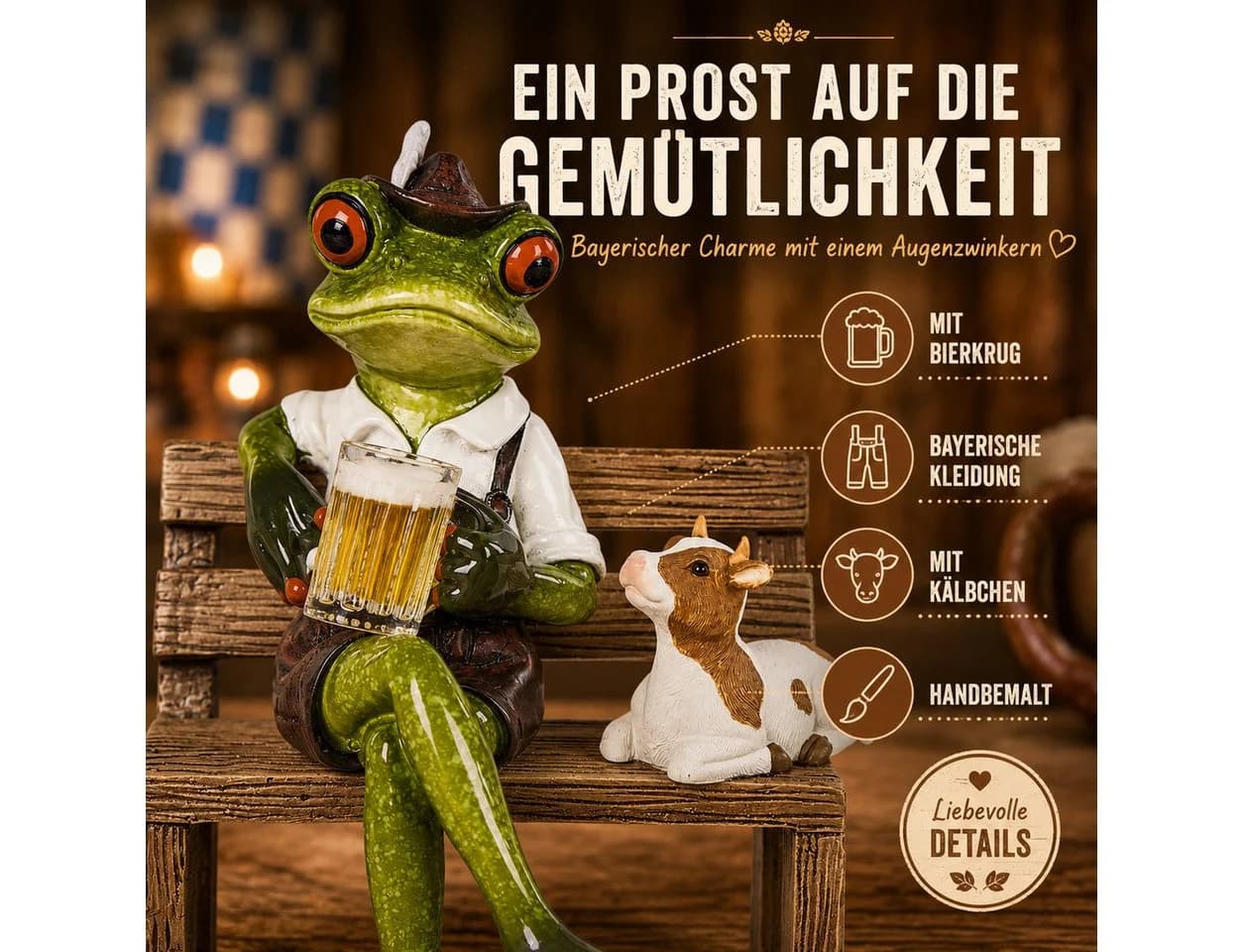 formano Handbemalte Frosch-Dekofigur mit Bierkrug auf Bank, 14 cm, Bayern-Motiv - Bild 3