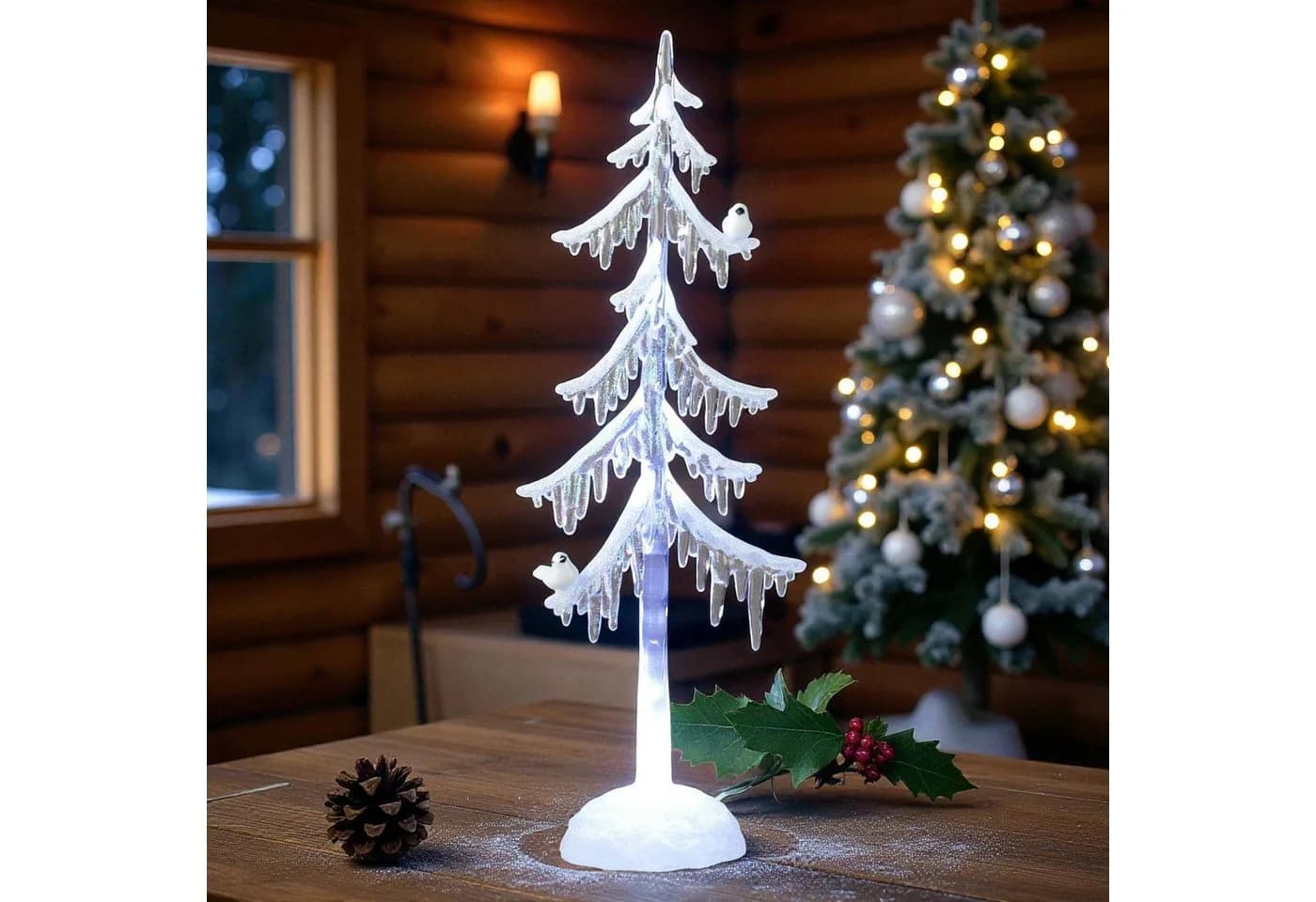 formano LED Weihnachtsbaum Acryl 25cm mit Licht & Vogel Winterdeko