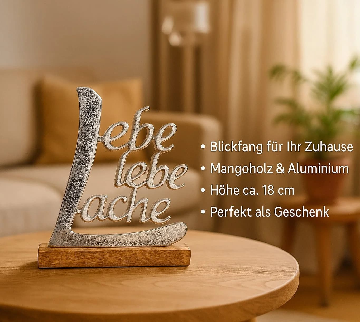 formano Dekofigur Schriftzug Lebe Liebe Lache Aluminium Mangoholz - Bild 2
