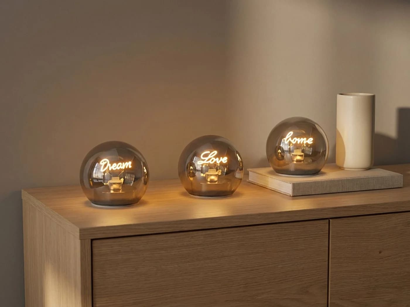 formano LED Dekolicht Deko Set 3er Leuchtkugeln mit Schriftzug Dream + Love + Home 12 cm