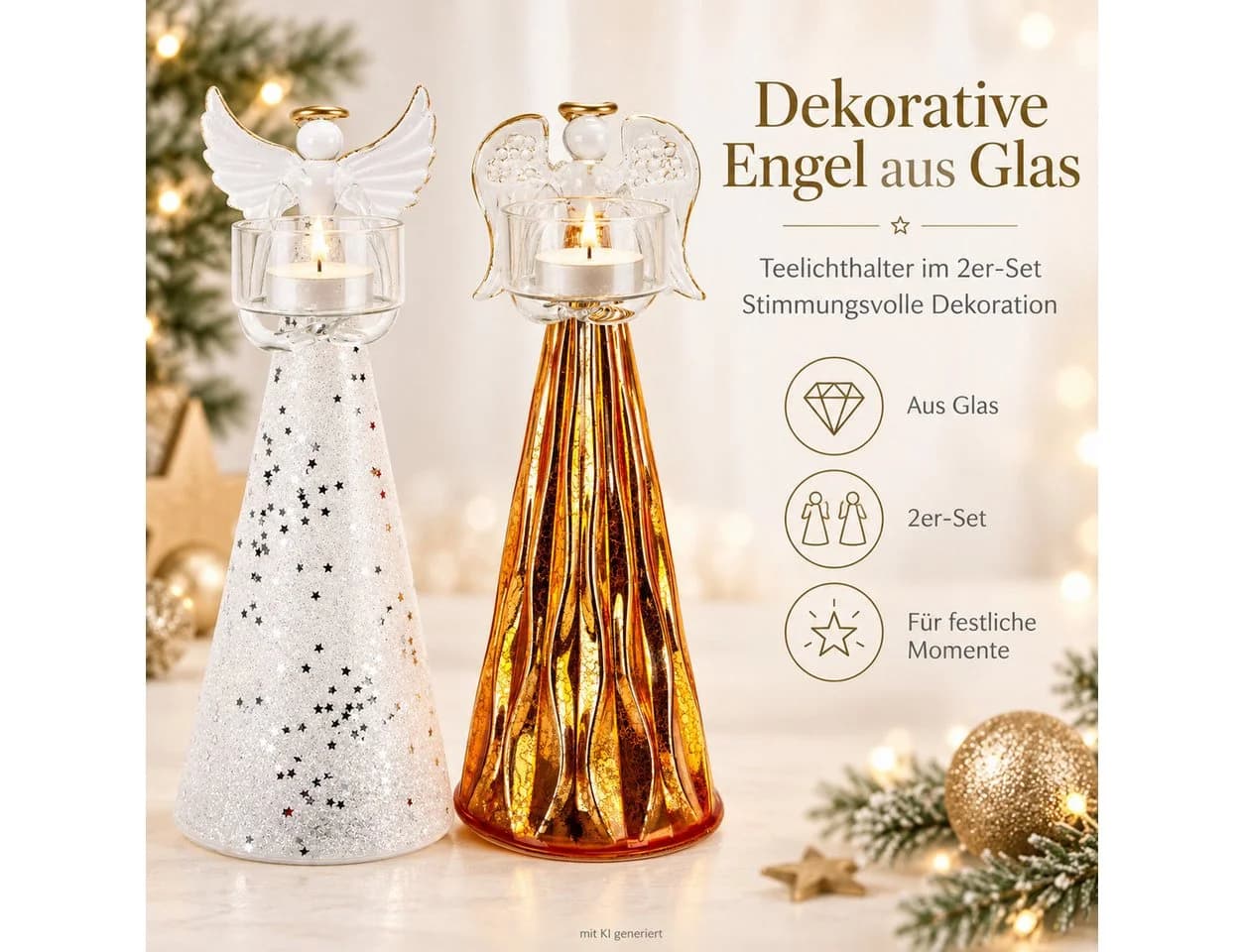 Weltbild LED-Engel mit Teelichthalter 2er Set Glas Weihnachtsdeko