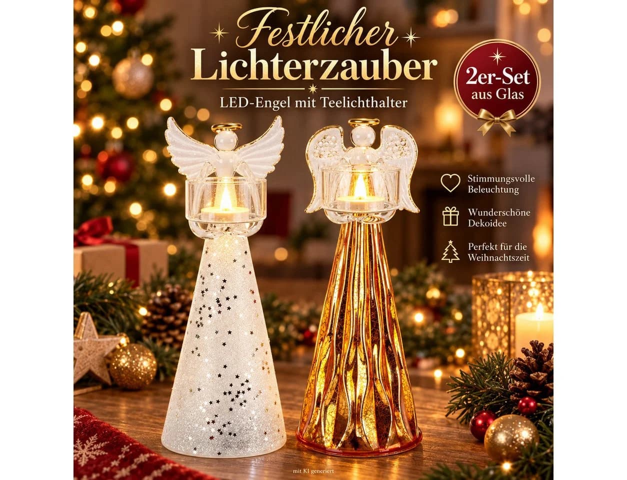 Weltbild LED-Engel mit Teelichthalter 2er Set Glas Weihnachtsdeko - Bild 3
