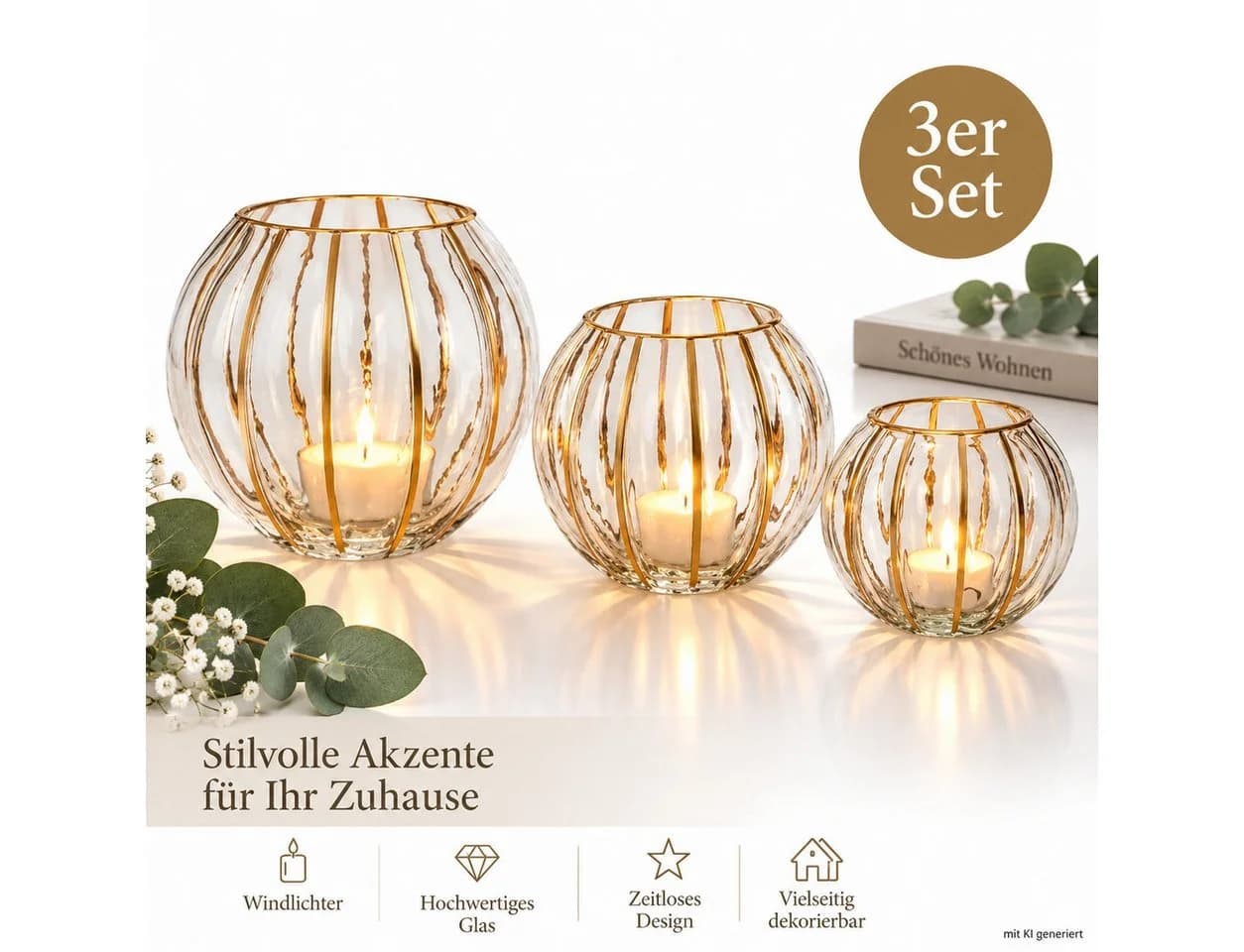 Weltbild Windlichter 3er Set Kugelform Glas Gold