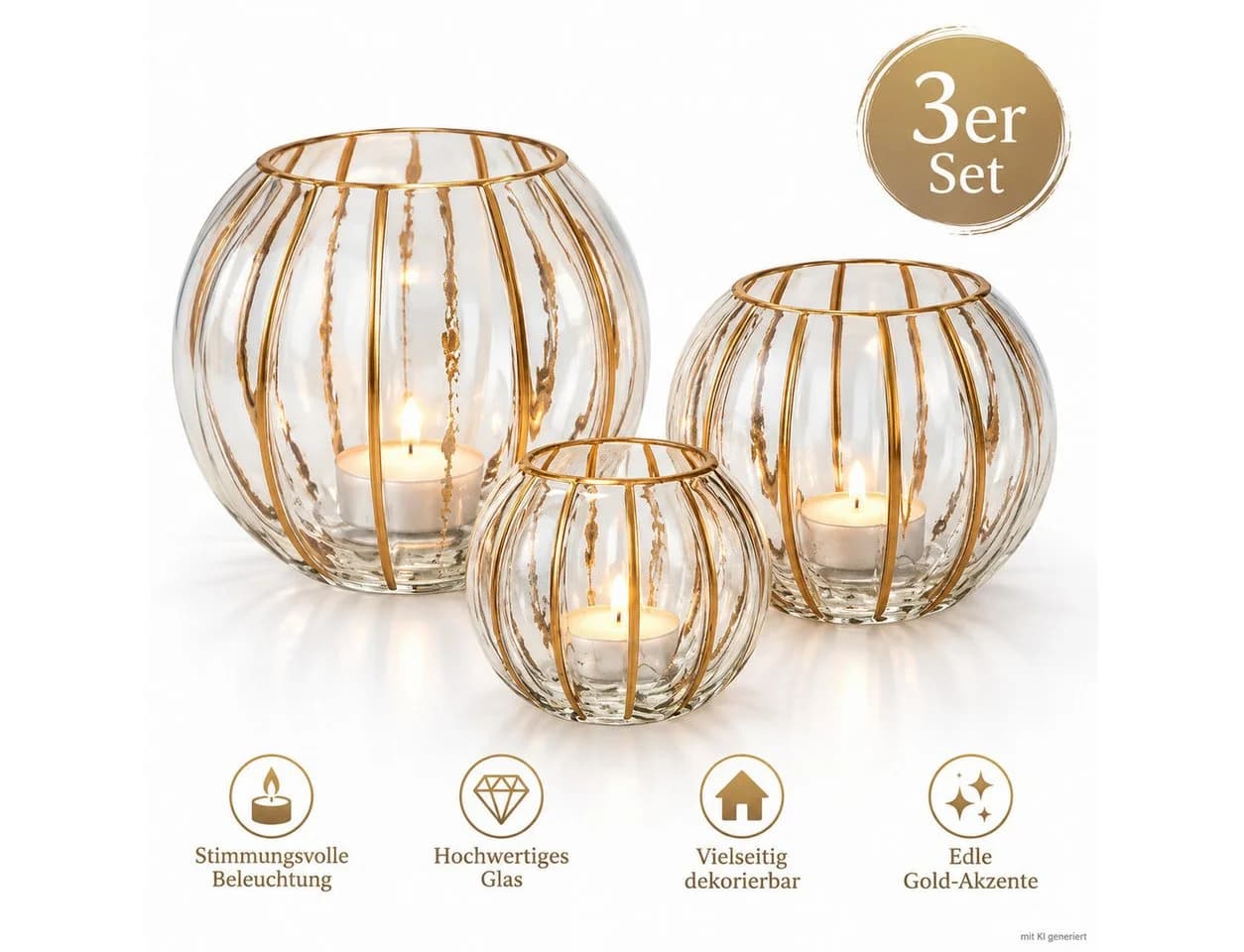 Weltbild Windlichter 3er Set Kugelform Glas Gold - Bild 3