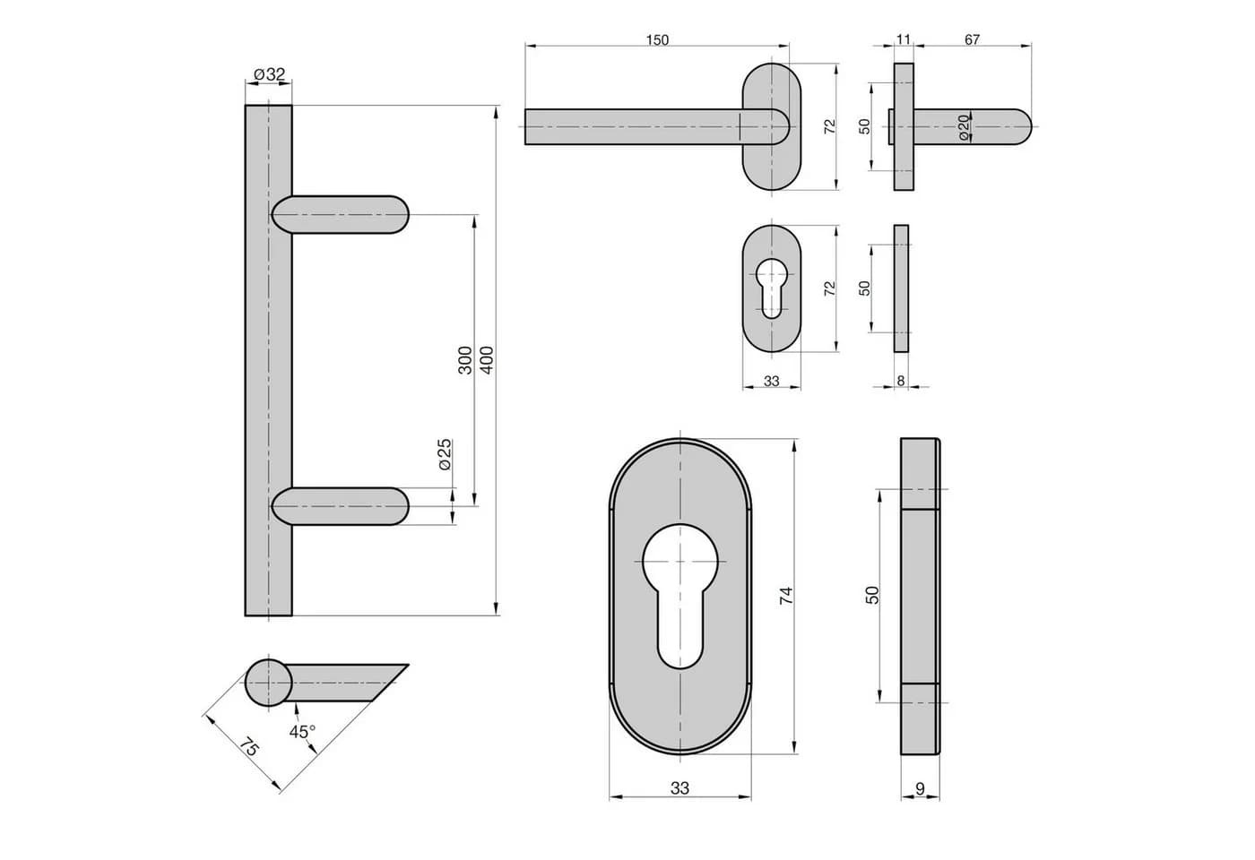 BASI Stoßgriff Komplettset Edelstahl Silber 400 mm