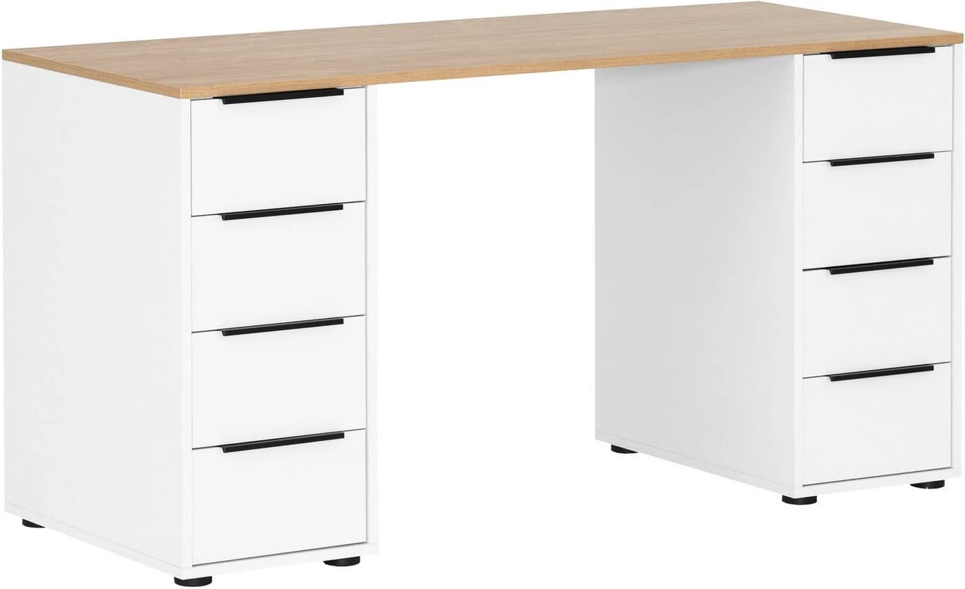 Schildmeyer Schreibtisch Elma 140 cm Weiß Eiche Hellfarben 8 Schubladen - Bild 2