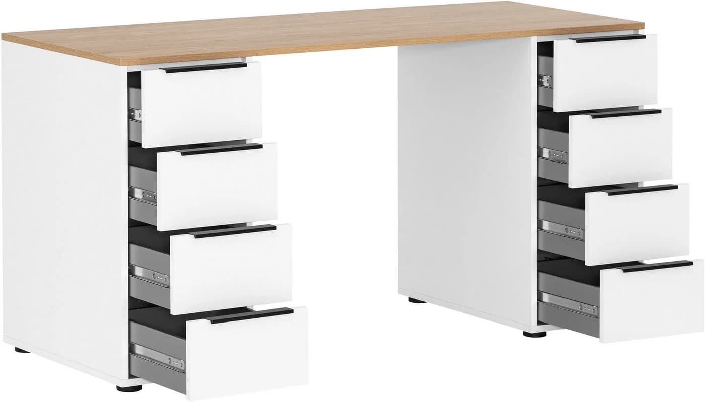 Schildmeyer Schreibtisch Elma 140 cm Weiß Eiche Hellfarben 8 Schubladen - Bild 3