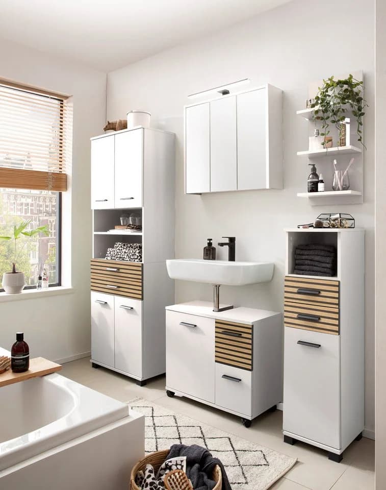 WELLTIME Waschbeckenunterschrank Katta 65 cm Weiß Mattweiß Akustikprint