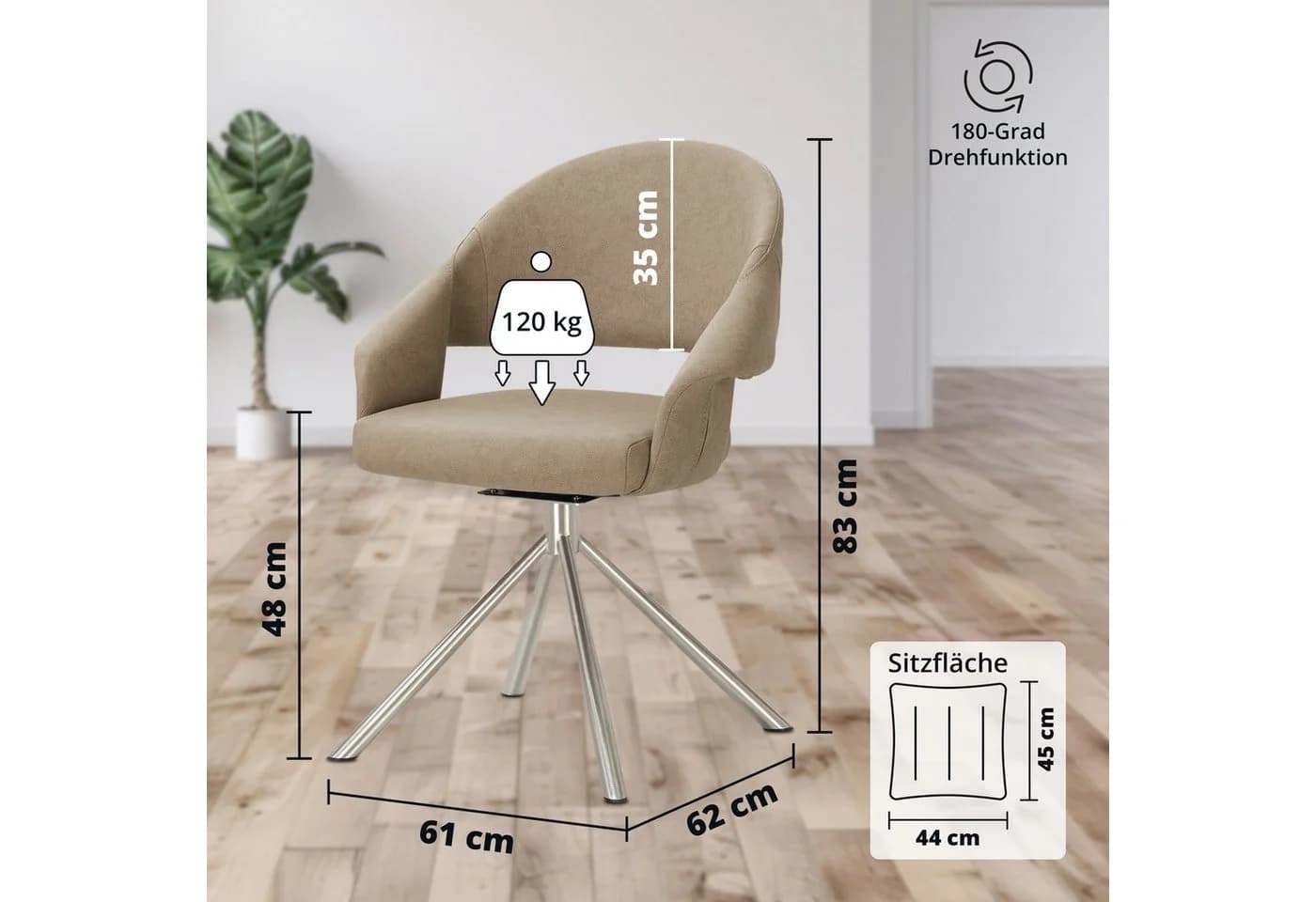 KHG Esszimmerstuhl Kunstleder Taupe-Silber 180° drehbar Metallgestell - Bild 5