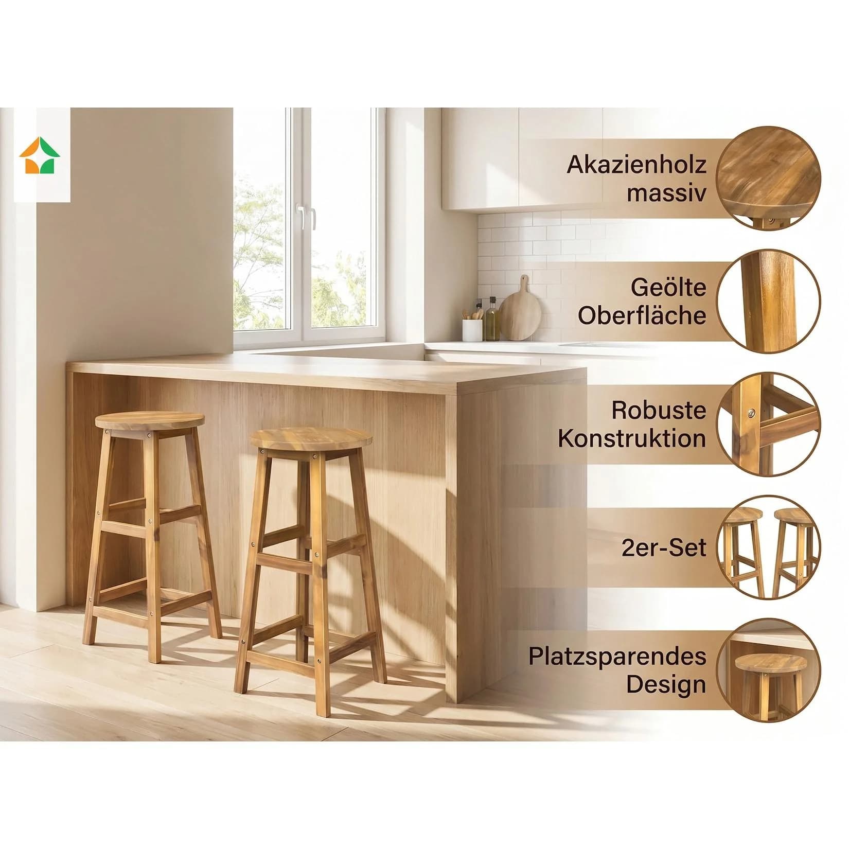 Prestige Home 2er-Set Barstuhl Akazienholz Braun