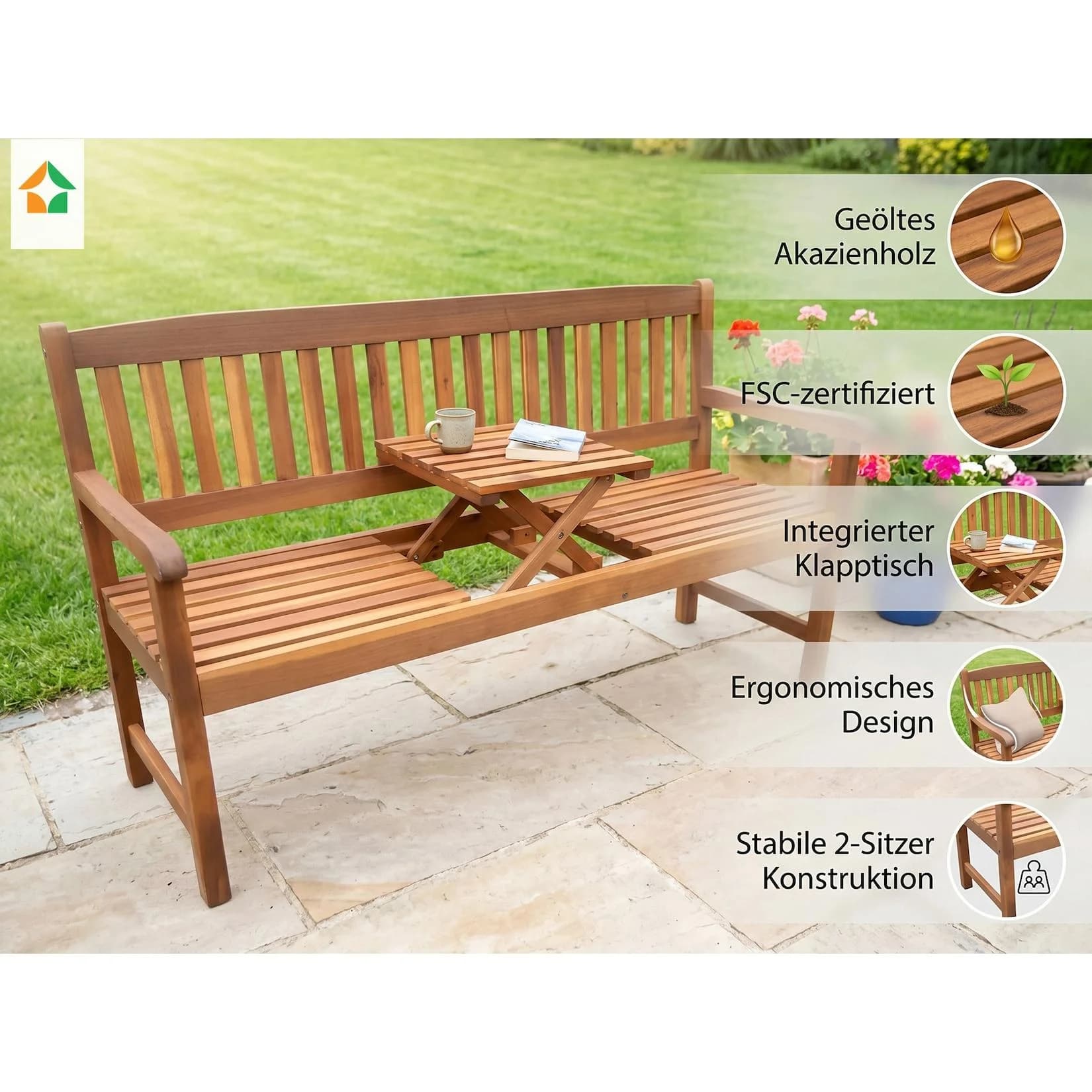 Marktkauf 2-Sitzer Gartenbank mit Klapptisch Akazienholz