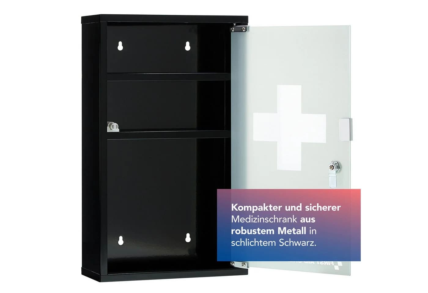 FIRST AID ONLY Medizinschrank Schwarz mit Glastür 3 Fächer abschließbar