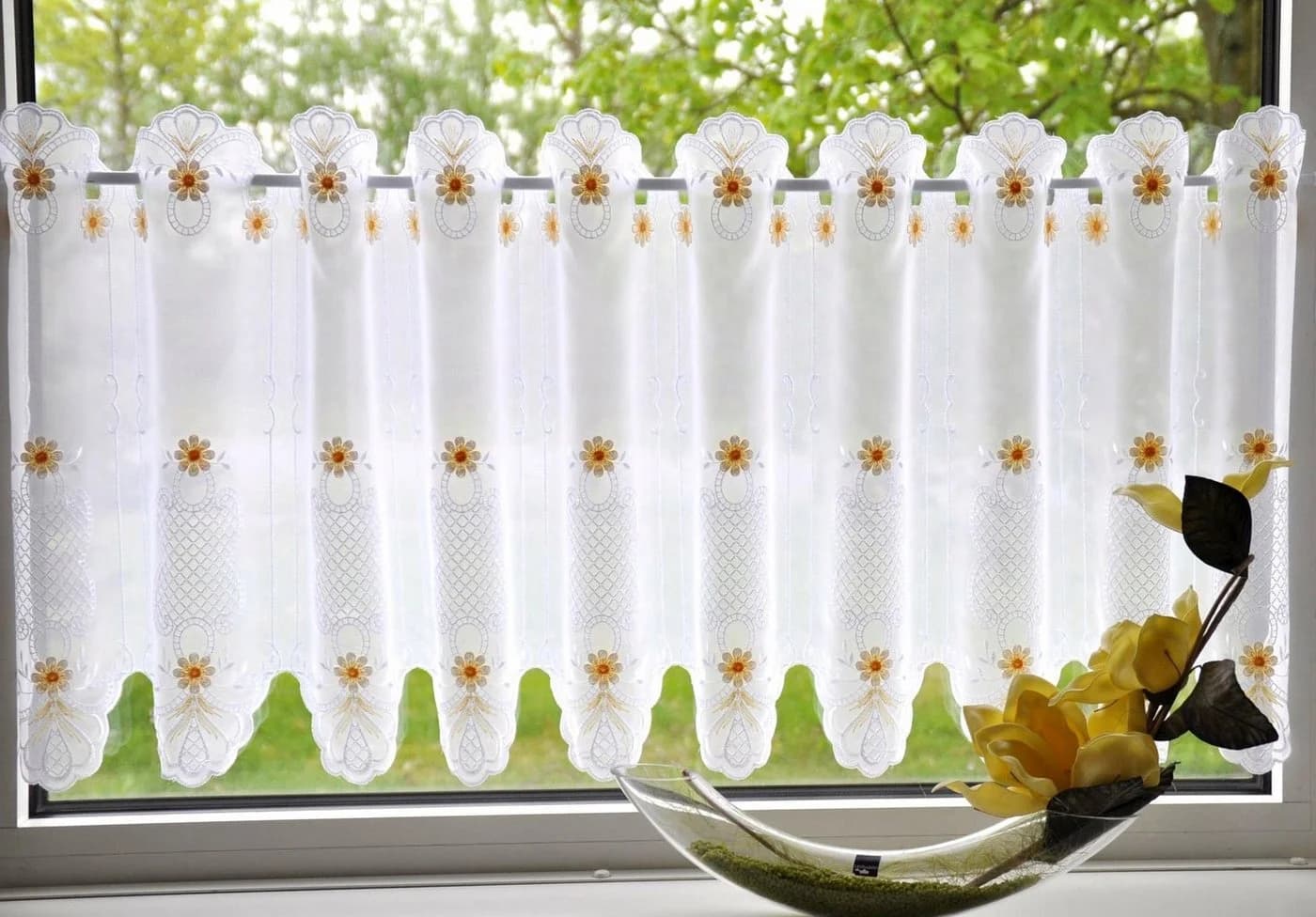 Scheibengardine BLÜMCHEN Bestickt Weiß/Beige Voile Polyester