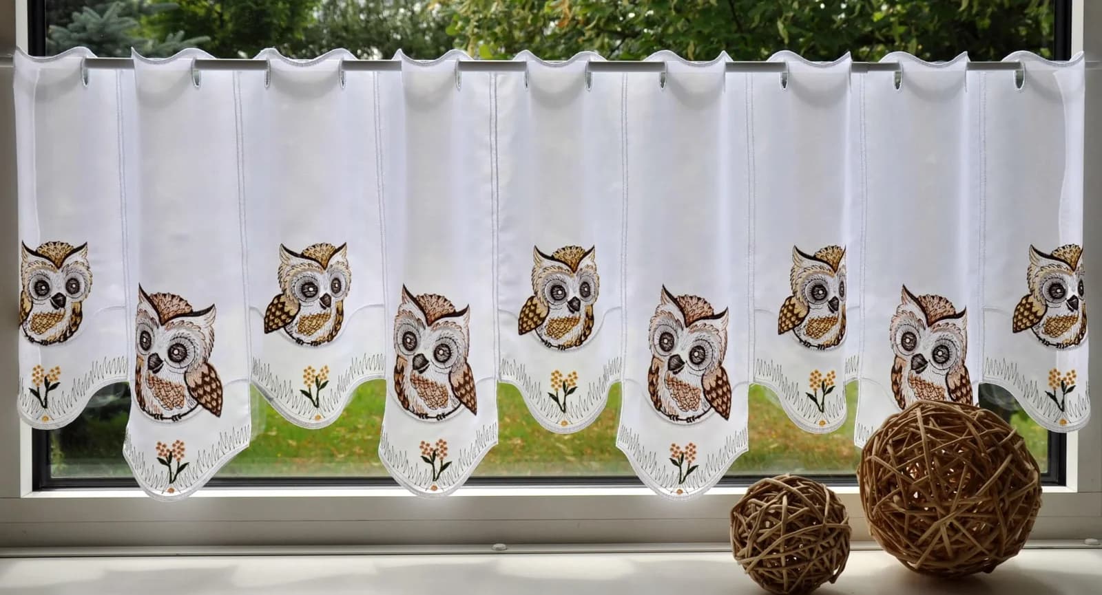 Scheibengardine Stickereien Plauen Eulen Beige/Braun 110x40 cm