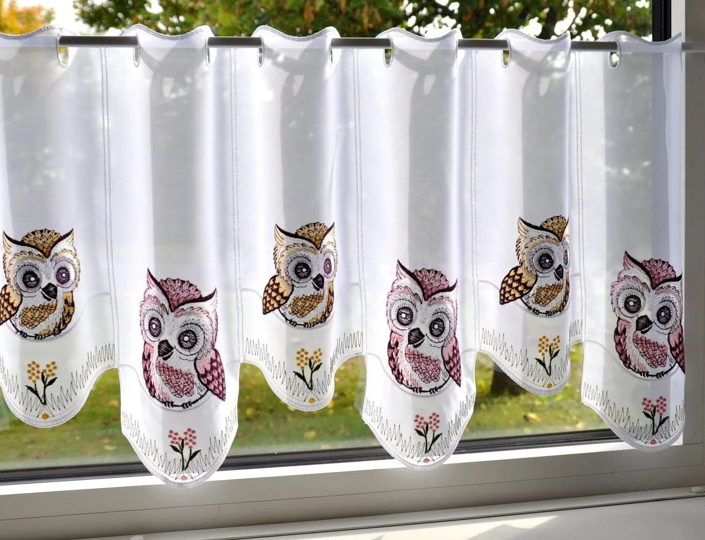 Stickereien Plauen Gardine Eulen Rosa-Braun Voile Bestickt